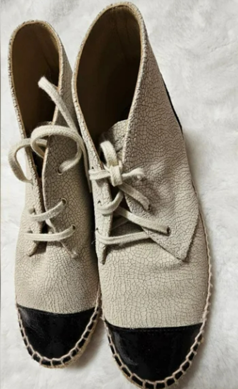 Chanel EU 39 Crackled Calfskin High Top Espadrilles  Light Beige Black